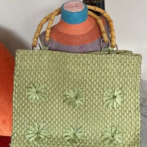 Green Woven Handbag with Bamboo Handles Totes